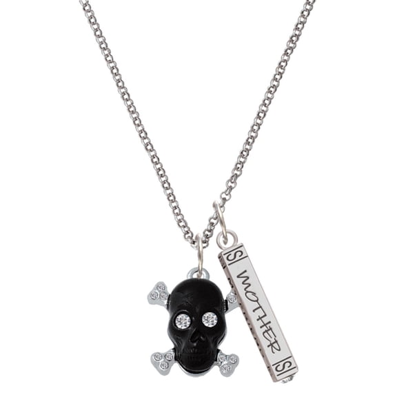 Delight Jewelry Silvertone Large Black Resin Skull with Clear Crystals Silvertone Mother Daughter Bar Charm Necklace, 23"