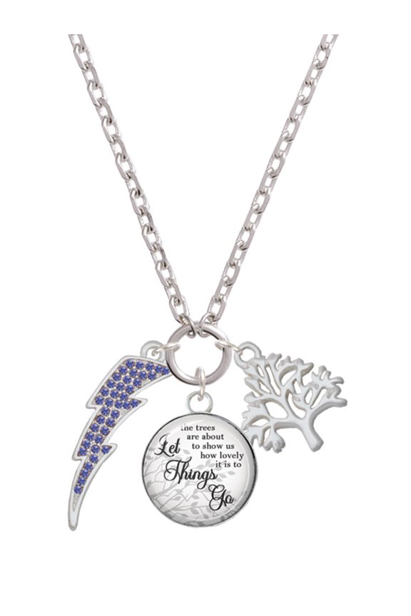 Silvertone Large Blue Crystal Lightning Bolt Let Things Go Fall Zoey Charm Necklace, 28"