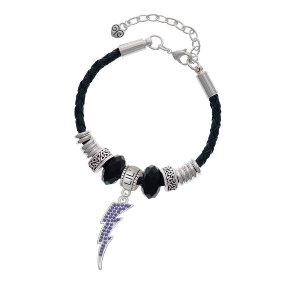 Delight Jewelry Silvertone Large Blue Crystal Lightning Bolt Middle Sister Celtic Knot Leather Bead Bracelet, 7"+2" Extender