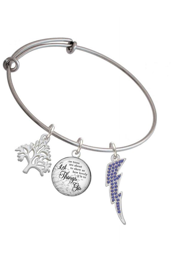 Silvertone Large Blue Crystal Lightning Bolt Silvertone Let Things Go Tree Charm Bangle Bracelet