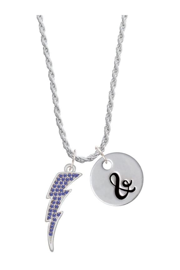 Silvertone Large Blue Crystal Lightning Bolt Silvertone Script Initial Disc - & - Charm Necklace, 20"+3"