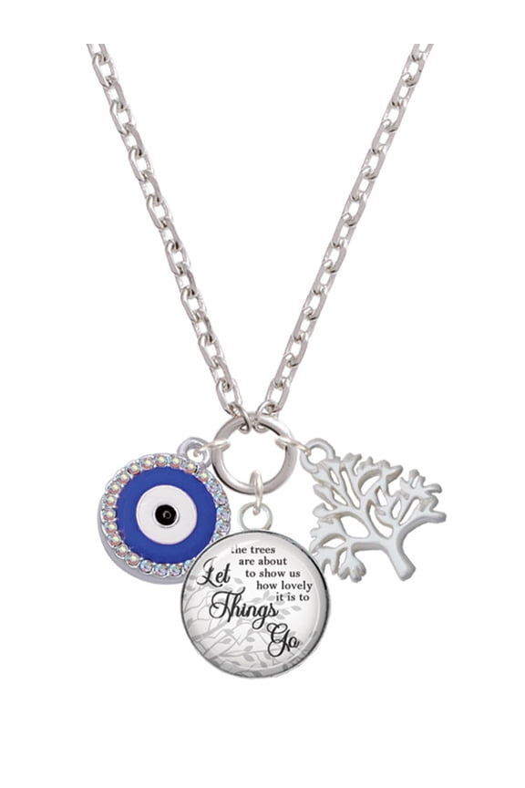 Silvertone Large Blue Evil Eye with AB Crystal Border Let Things Go Fall Zoey Charm Necklace, 28"