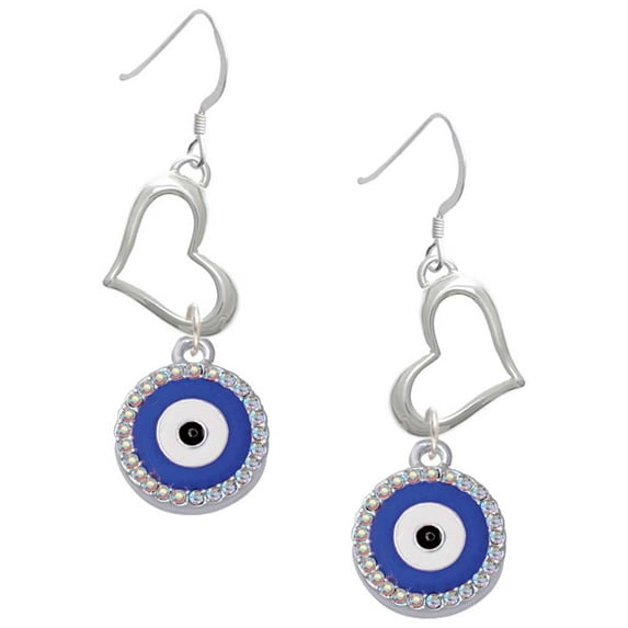 Delight Jewelry Silvertone Large Blue Evil Eye with AB Crystal Border Open Heart French Earrings