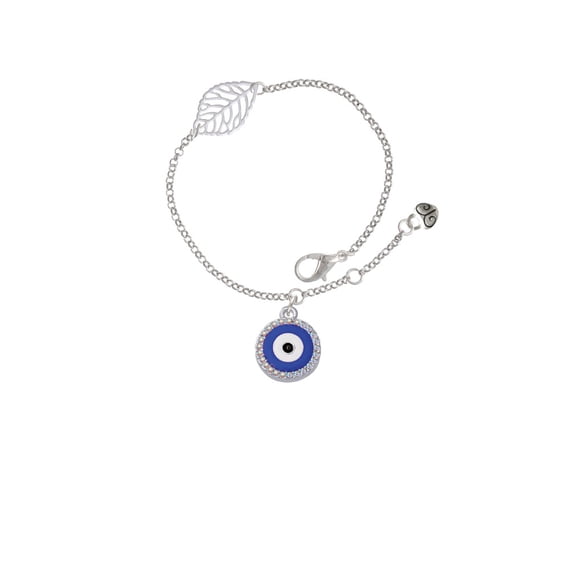 Delight Jewelry Silvertone Large Blue Evil Eye with AB Crystal Border - Silvertone Leaf Delicate Bracelet, 6.25+1.75"