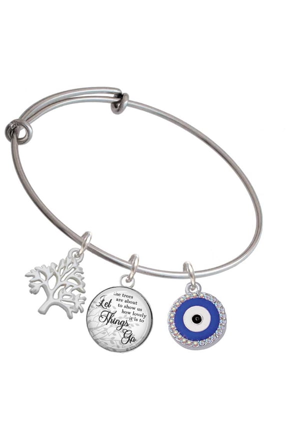 Silvertone Large Blue Evil Eye with AB Crystal Border Silvertone Let Things Go Tree Charm Bangle Bracelet
