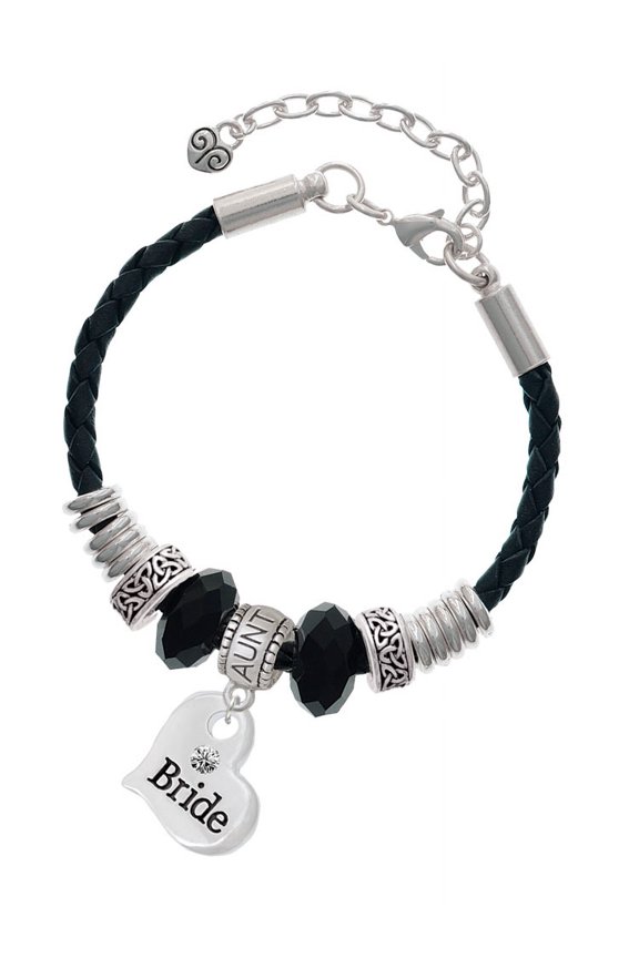 Silvertone Large Bride Heart Aunt Celtic Knot Leather Bead Bracelet, 7"+2" Extender