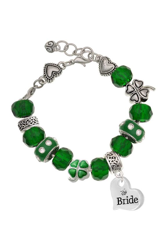 Silvertone Large Bride Heart - Green Irish Luck Bead Charm Bracelet, 7.5"