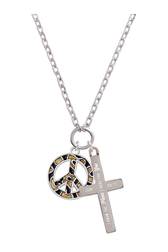 Silvertone Large Brown Cheetah Print Peace Sign I Have Plans for You Engraved Cross Zoey Necklace, 28"