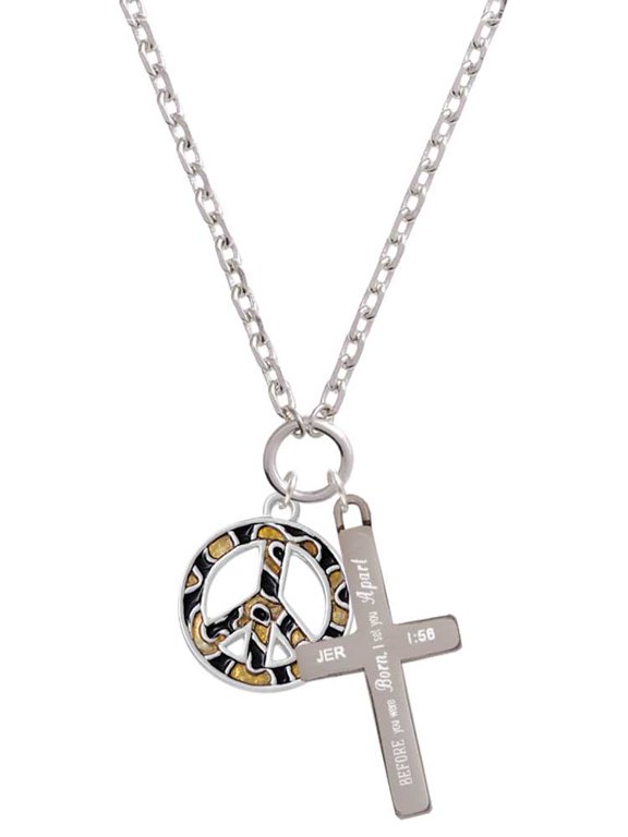 Silvertone Large Brown Cheetah Print Peace Sign I Set You Apart Engraved Cross Zoey Necklace, 28"