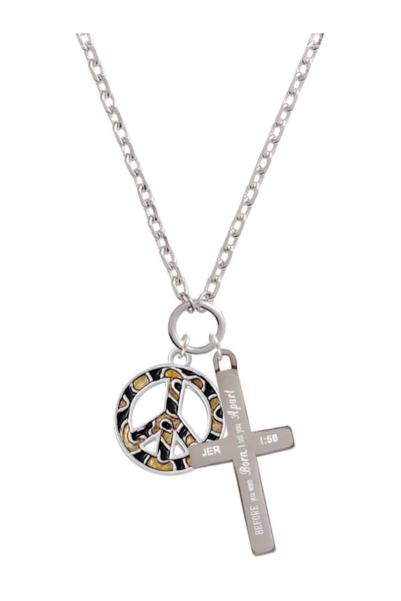 Silvertone Large Brown Cheetah Print Peace Sign I Set You Apart Engraved Cross Zoey Necklace, 28"