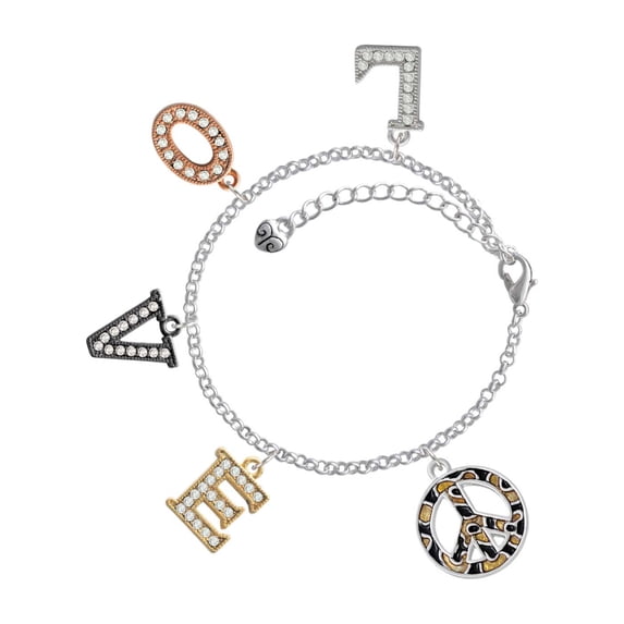 Delight Jewelry Silvertone Large Brown Cheetah Print Peace Sign Multi-Colored Crystal Love Charm Bracelet