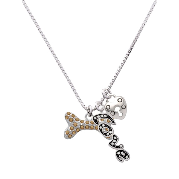 Delight Jewelry Silvertone Large Brown Crystal Dog Bone - Love and Lock Charm Necklace, 18"+1"