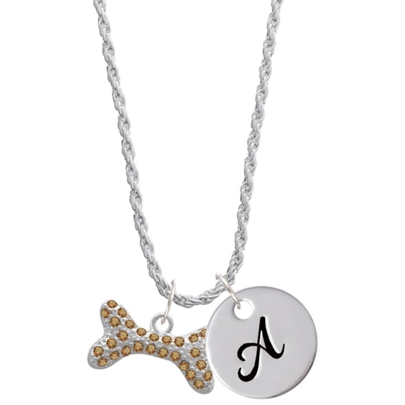 Delight Jewelry Silvertone Large Brown Crystal Dog Bone Silvertone Script Initial Disc - A - Charm Necklace, 20"+3"