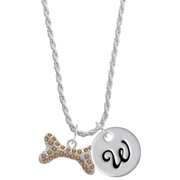 Delight Jewelry Silvertone Large Brown Crystal Dog Bone Silvertone Script Initial Disc - W - Charm Necklace, 20"+3"