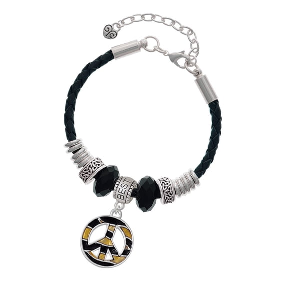Delight Jewelry Silvertone Large Brown Tiger Print Peace Sign Best Friend Celtic Knot Leather Bead Bracelet, 7"+2" Extender