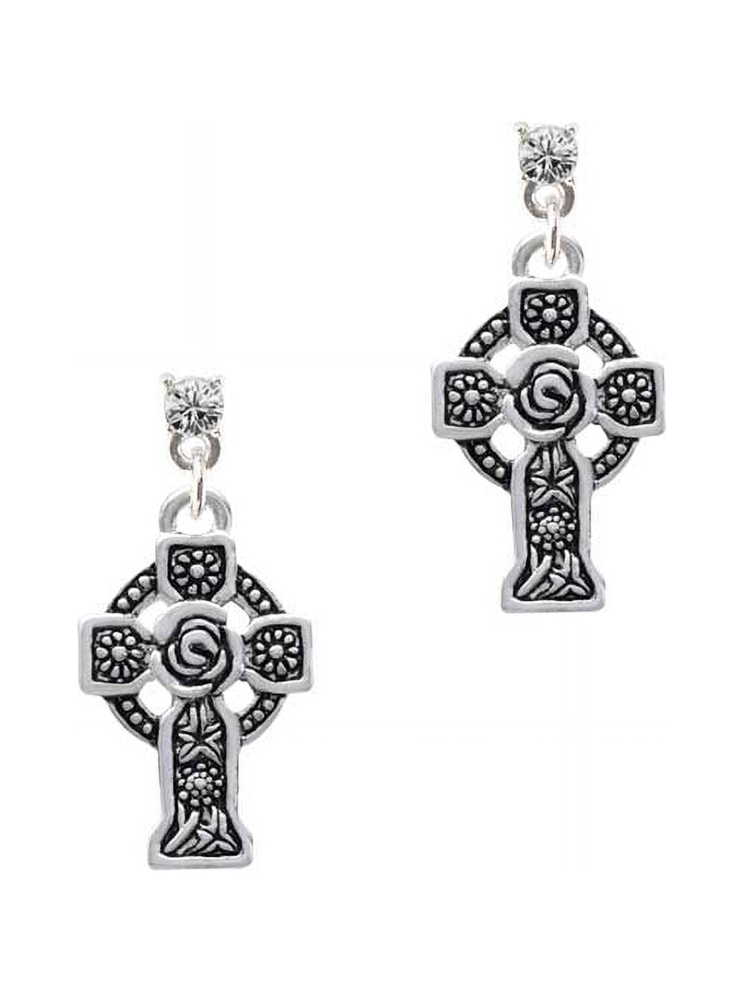 Delight Jewelry Silvertone Large Celtic Cross Clear Crystal Post Earrings