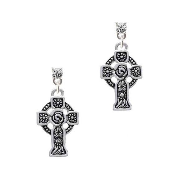 Delight Jewelry Silvertone Large Celtic Cross Clear Crystal Post Earrings