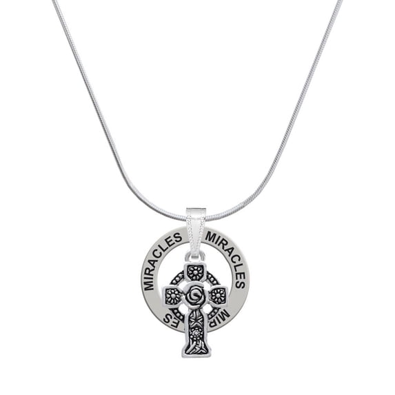 Delight Jewelry Silvertone Large Celtic Cross Miracles Ring Charm Necklace, 18"