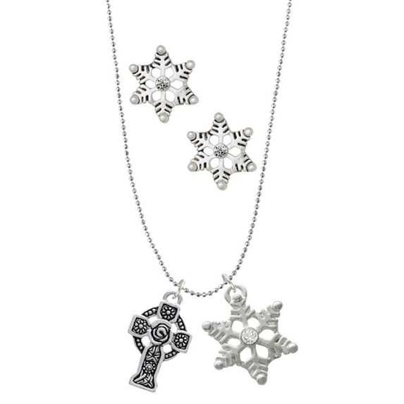 Delight Jewelry Silvertone Large Celtic Cross Silver tone Snowflake Charm Necklace and Stud Earrings