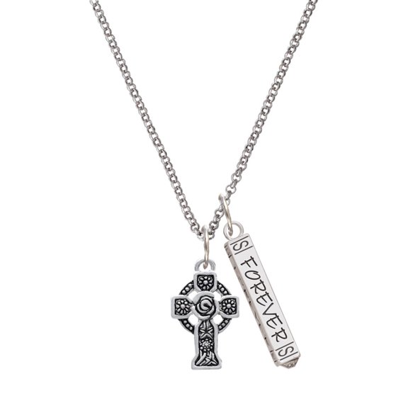 Delight Jewelry Silvertone Large Celtic Cross Silvertone Forever Bar Charm Necklace, 23"