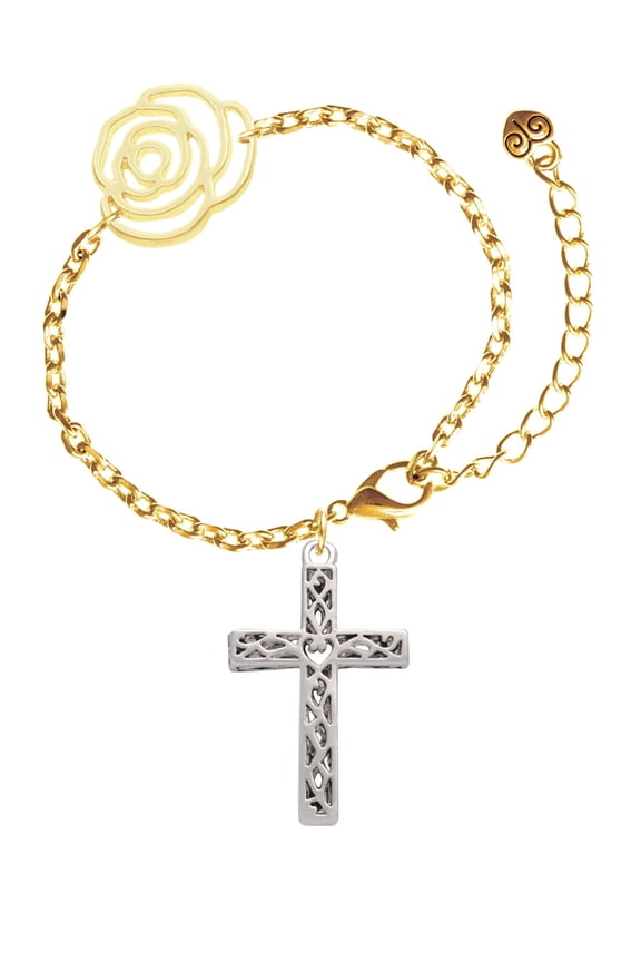 Silvertone Large Celtic Vine Cross Gold-tone Flower Link Chain Bracelet, 6.75"+2" Extender