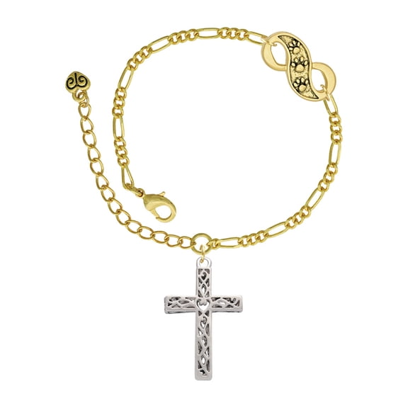 Delight Jewelry Silvertone Large Celtic Vine Cross Gold-tone Paw Infinity Link Chain Bracelet, 6"+2" Extender