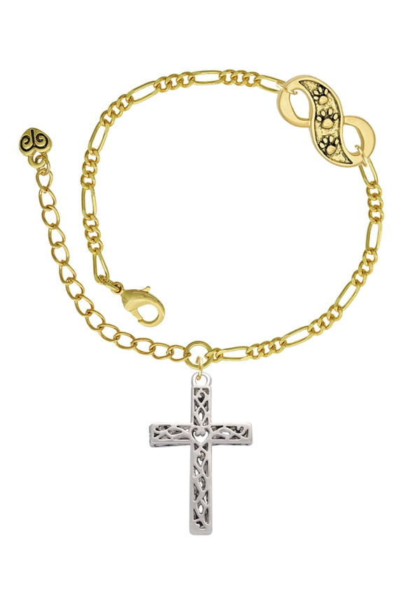 Silvertone Large Celtic Vine Cross Gold-tone Paw Infinity Link Chain Bracelet, 6"+2" Extender