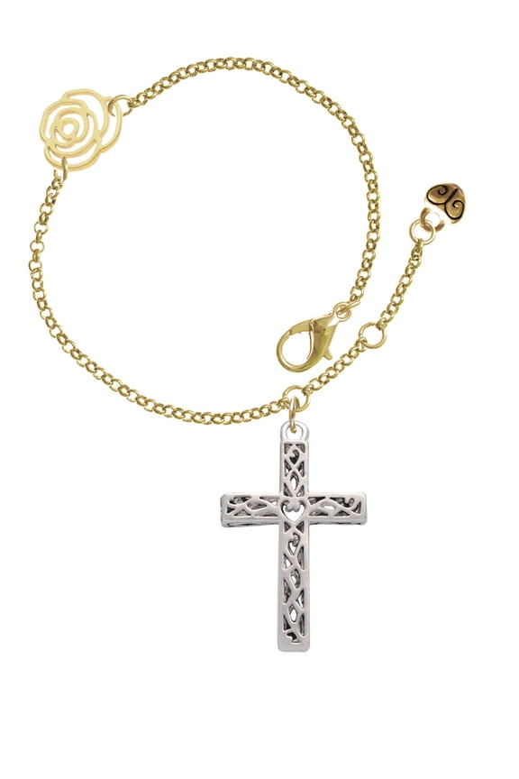 Silvertone Large Celtic Vine Cross Gold-tone Rose Link Chain Bracelet, 6.25"+1.75" Extender
