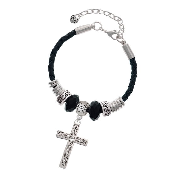 Delight Jewelry Silvertone Large Celtic Vine Cross Sister Celtic Knot Leather Bead Bracelet, 7"+2" Extender