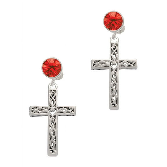 Delight Jewelry Silvertone Large Celtic Vine Cross Red Crystal Clip on Earrings