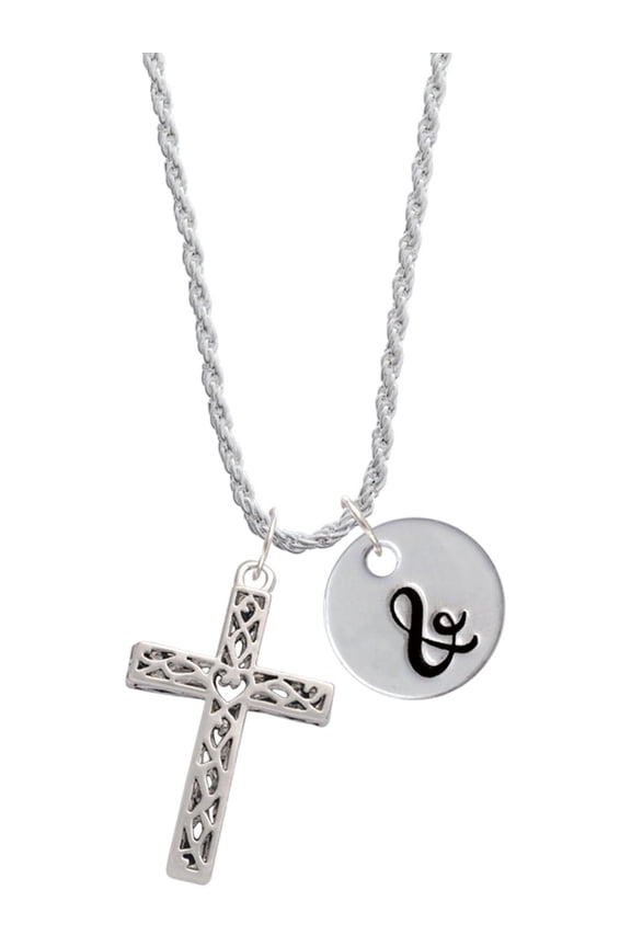 Silvertone Large Celtic Vine Cross Silvertone Script Initial Disc - & - Charm Necklace, 20"+3"