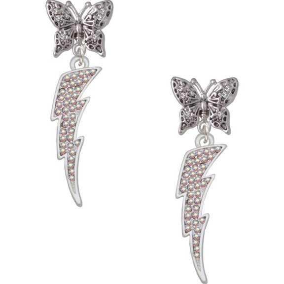 Delight Jewelry Silvertone Large Clear AB Crystal Lightning Bolt Silvertone Antiqued Butterfly Post Earrings