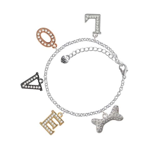Delight Jewelry Silvertone Large Clear Crystal Dog Bone Multi-Colored Crystal Love Charm Bracelet