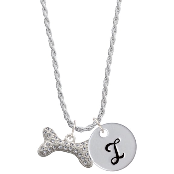 Delight Jewelry Silvertone Large Clear Crystal Dog Bone Silvertone Script Initial Disc - I - Charm Necklace, 20"+3"