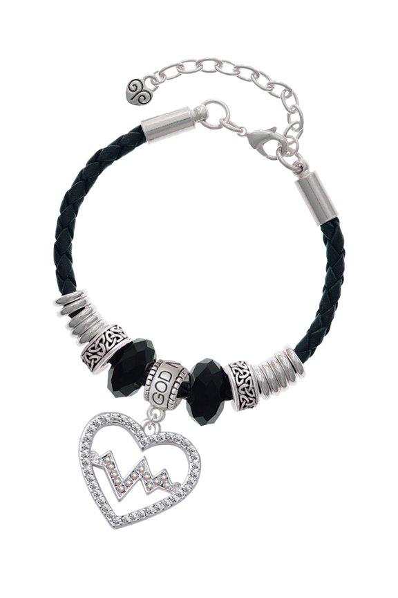 Silvertone Large Clear Crystal Heart with AB Crystal Heartbeat Godmother Celtic Knot Leather Bead Bracelet, 7"+2" Extender
