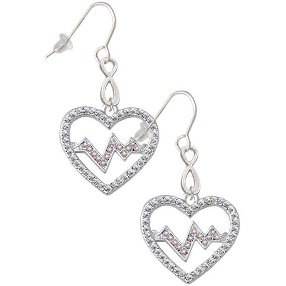 Delight Jewelry Silvertone Large Clear Crystal Heart with AB Crystal Heartbeat Silver tone Infinity French Earrings