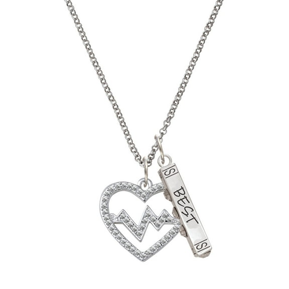 Delight Jewelry Silvertone Large Clear Crystal Heart with Heartbeat Silvertone Best Friends Forever Bar Charm Necklace, 23"