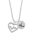 thumbnail image 1 of Delight Jewelry Silvertone Large Clear Crystal Heart with Heartbeat Silvertone Script Initial Disc - K - Charm Necklace, 20"+3", 1 of 4