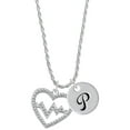 thumbnail image 1 of Delight Jewelry Silvertone Large Clear Crystal Heart with Heartbeat Silvertone Script Initial Disc - P - Charm Necklace, 20"+3", 1 of 4