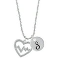 thumbnail image 1 of Delight Jewelry Silvertone Large Clear Crystal Heart with Heartbeat Silvertone Script Initial Disc - S - Charm Necklace, 20"+3", 1 of 4