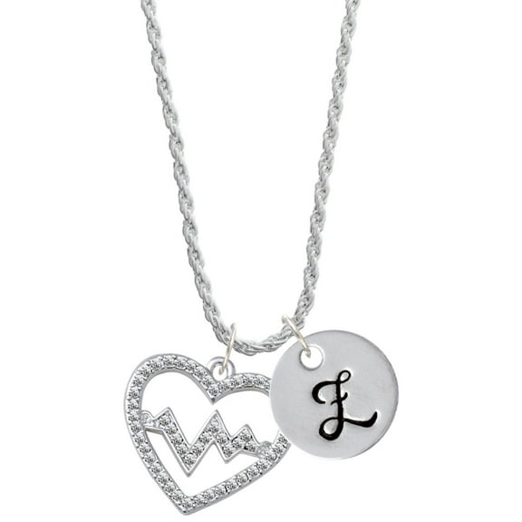 Delight Jewelry Silvertone Large Clear Crystal Heart with Heartbeat Silvertone Script Initial Disc - Z - Charm Necklace, 20"+3"