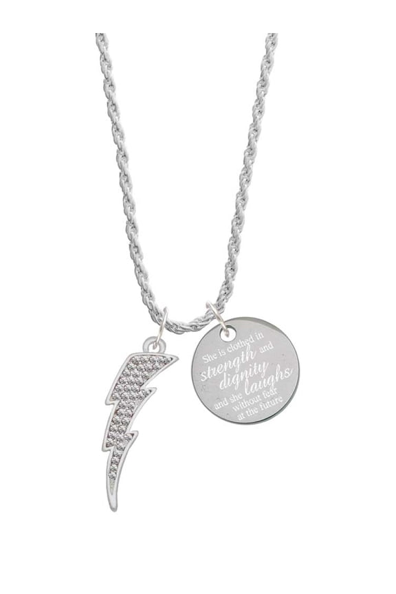 Silvertone Large Clear Crystal Lightning Bolt She is Clothed in Stength and Dignity Charm Necklace, 20"+3"