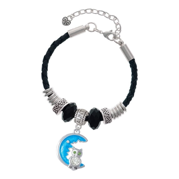 Delight Jewelry Silvertone Large Clear Crystal Owl on Hot Blue Moon Aunt Celtic Knot Leather Bead Bracelet, 7"+2" Extender