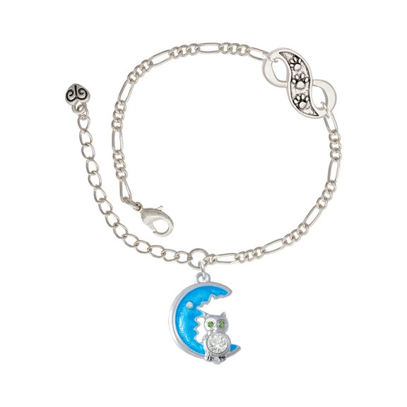 Delight Jewelry Silvertone Large Clear Crystal Owl on Hot Blue Moon Silver-tone Paw Infinity Link Chain Bracelet, 6"+2" Extender