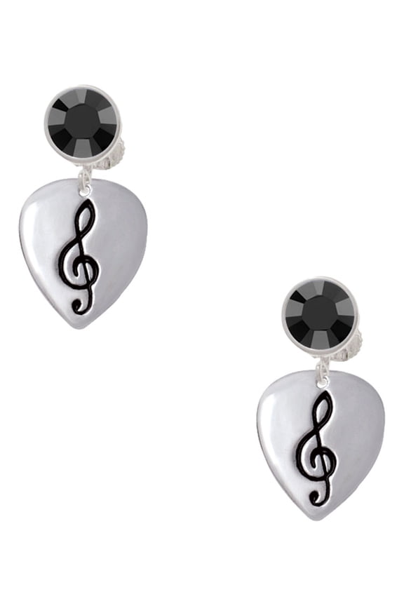 Silvertone Large Clef on Guitar Pick Black Crystal Clip on Earrings