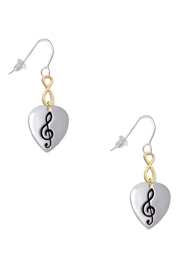 Silvertone Large Clef on Guitar Pick Gold Tone Infinity French Earrings