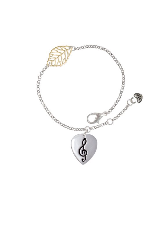 Silvertone Large Clef on Guitar Pick - Goldtone Leaf Delicate Bracelet, 6.25+1.75"