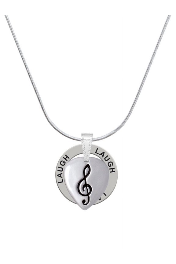 Silvertone Large Clef on Guitar Pick Laugh Ring Charm Necklace, 18"