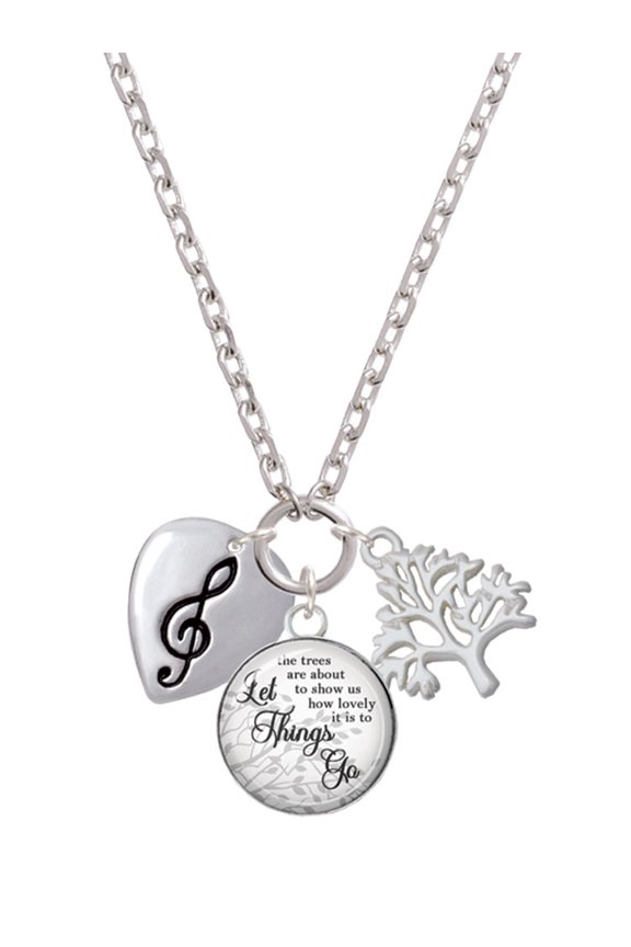 Silvertone Large Clef on Guitar Pick Let Things Go Fall Zoey Charm Necklace, 28"
