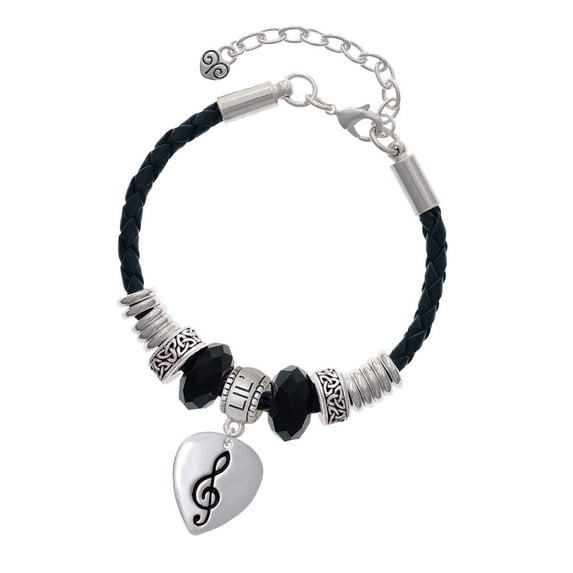 Delight Jewelry Silvertone Large Clef on Guitar Pick Lil Sister Celtic Knot Leather Bead Bracelet, 7"+2" Extender